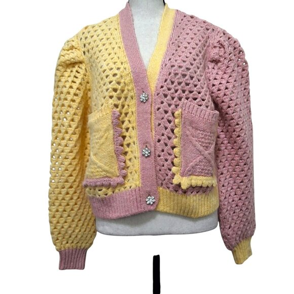 Zara Pink & Yellow Colorblock Crocheted Cardigan Jeweled Button Puff Sleeve Sz S - Picture 3 of 9